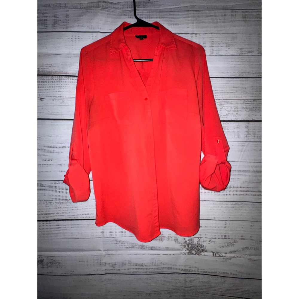 Talbots Nantucket Womens Medium Coral Orange Roll Tab Sleeve Button Down Blouse